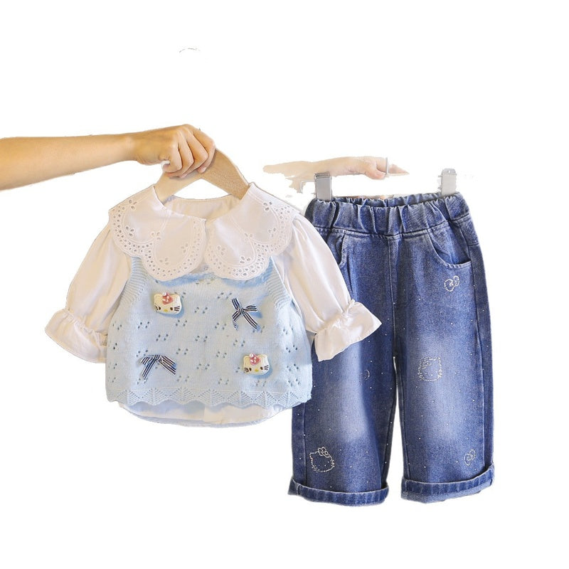 Girls' Outfit 2026 New Style Children's Spring and Fashionable Sweater Three-Piece Set Baby Autumn Cartoon Vest