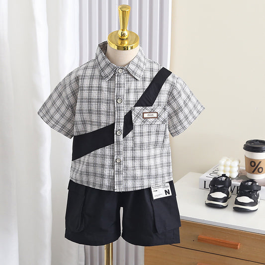 Children's Suit for Boys, 2026 New Style, Baby Patchwork Plaid Short-Sleeve Shirt Two-Piece Set, Lightweight Summer Outfit, Trendy