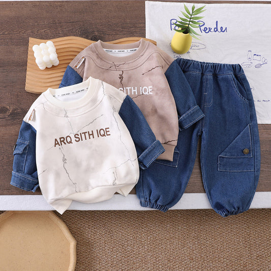 Boys' Outfit 2025 New Style for 1-3 Year Old Boys, Autumn Clothes with Letter Patchwork and Denim Sleeves, Two-Piece Trendy Set