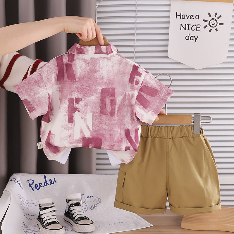 Boys' clothing for ages 1-4, 3-year-old children's wear, 2-year-old baby set, summer letter-print shirt short-sleeve three-piece trendy outfit