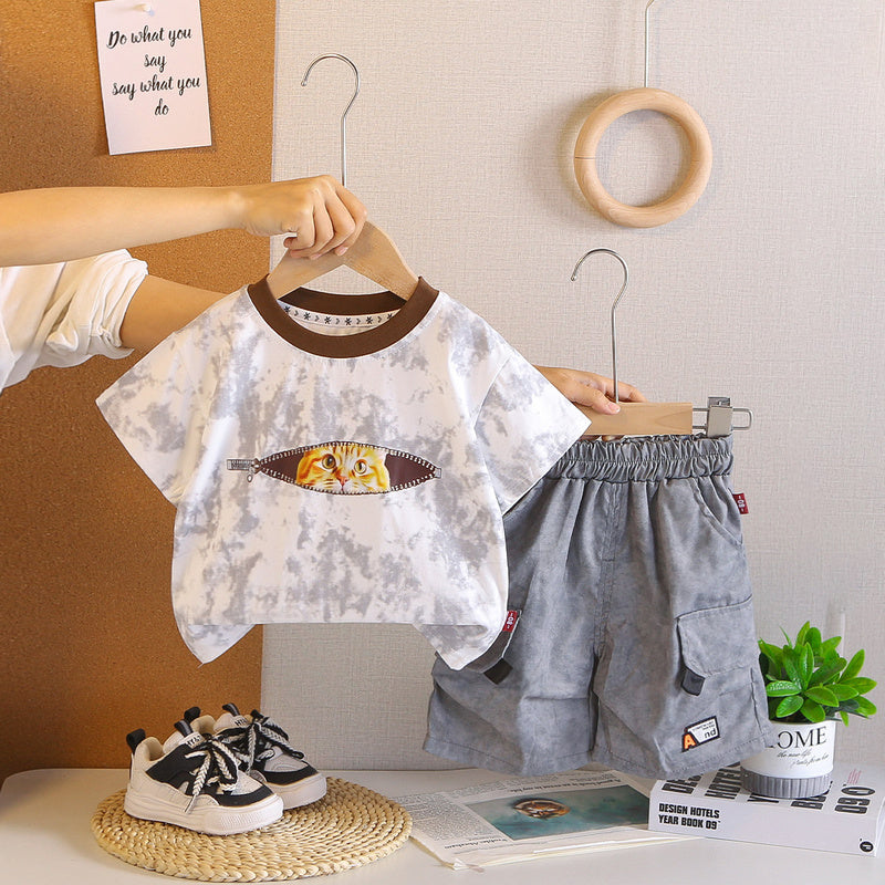 Zipper Cat Short Sleeve 2026 New Children's Outfit Baby Two-Piece Set Boys' Summer Fashion
