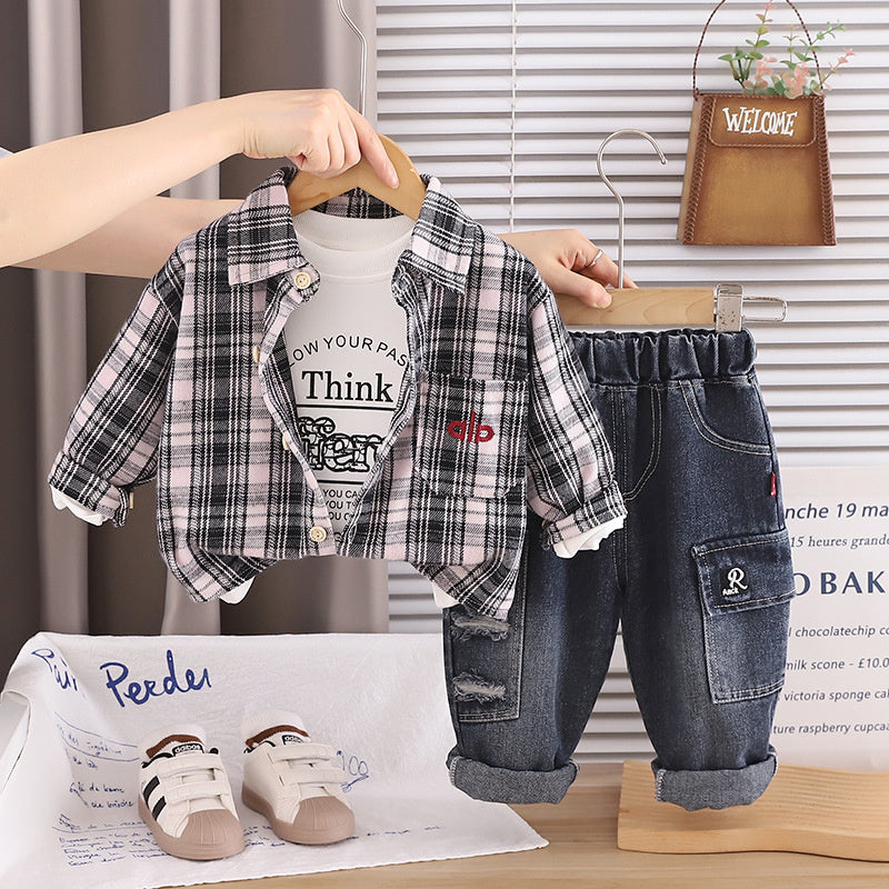 Boys' Suit 2026 New Korean Style Casual Wear for Children Spring and Autumn Plaid Shirt Cardigan Three-Piece Set Wholesale