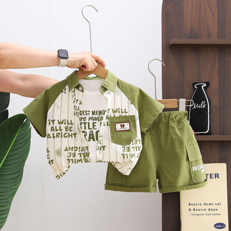 Baby boy letter print striped shirt three-piece 2026 new style infant summer short-sleeve set