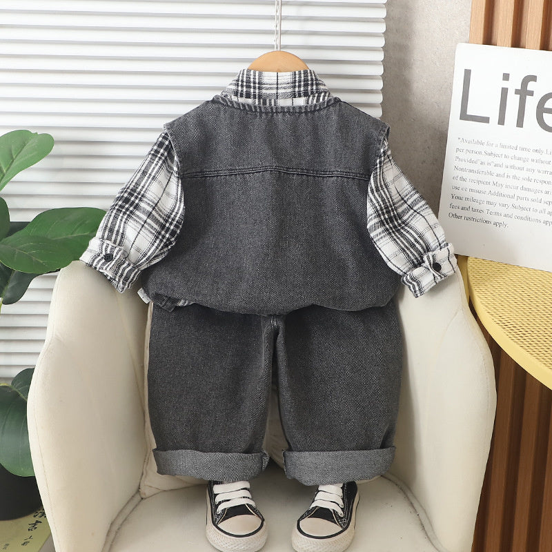 Boys' Outfit 2026 New Style Set: Stylish Plaid Double-Pocket Vest Three-Piece Set Spring and Autumn, Trendy for 1-Year-Olds