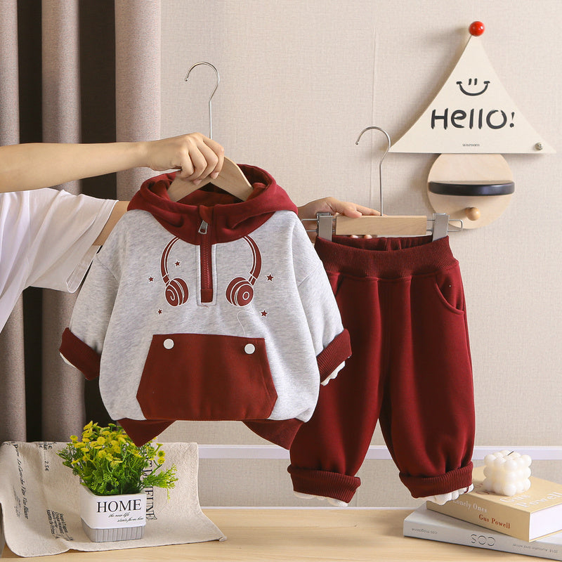 Boys' Outfit Autumn and Winter 2026 New Fashionable Children's Fleece Sweatshirt Thickened Two-Piece Set for Babies Wholesale