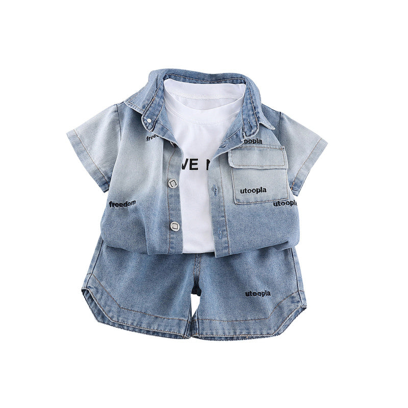 Boys Outfit 2026 New Fashionable Trendy Baby Summer Clothes Children's Denim Short Sleeve Three-Piece Set