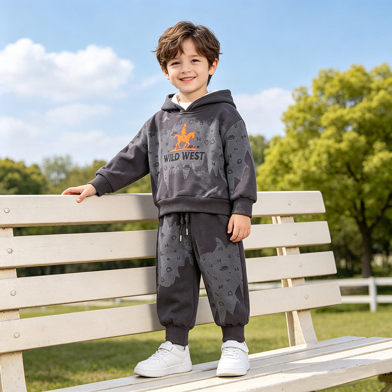 Boys' Autumn and Fleece-Lined Set 2026 New Fashionable Children's Winter Hooded Sweatshirt Two-Piece Outfit for Boys