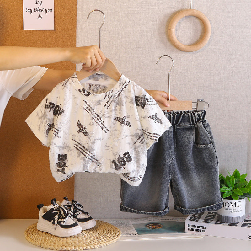 Baby Boy Outfit 2026 New Stylish Ripped Short-Sleeve Two-Piece Set for Boys, Infant Summer Casual Children's Clothing