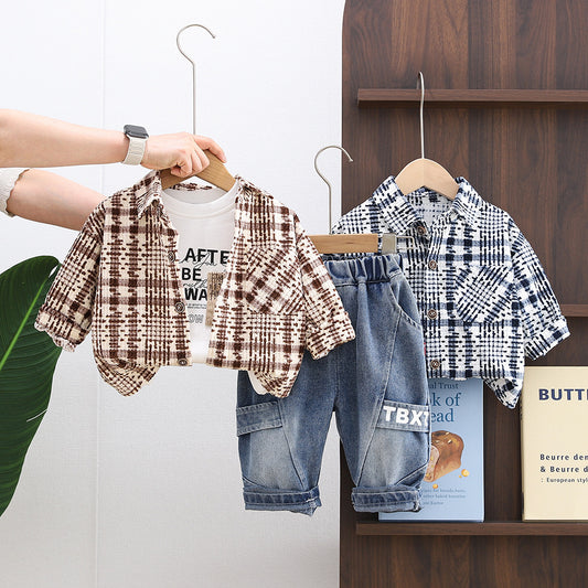 Baby clothes spring, stylish fashionable casual polka dot plaid shirt jacket set for one-year-old boys, spring and autumn wear