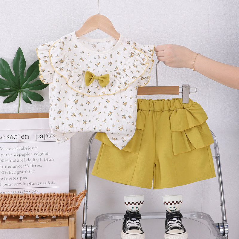 Cross-border children's clothing new style for girls, baby summer outfit with full floral print, bow tie, large collar, short-sleeved two-piece set, trendy