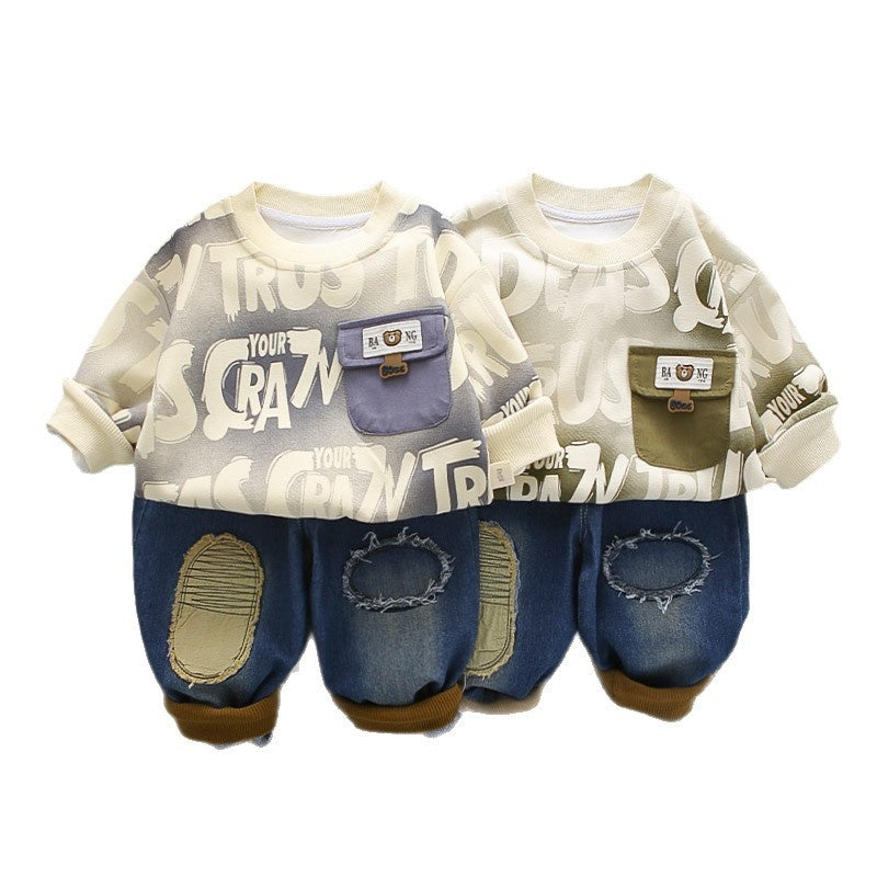 Boys' Outfit 2026 New Children's Spring and Autumn Long-Sleeve Round-Neck Pocket Bear Sweatshirt Two-Piece Set for Toddlers