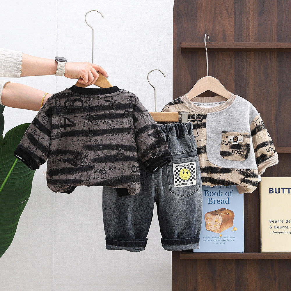 Children's Clothing Boys' Outfit 2026 New Stylish Baby Long Sleeve Striped Ripped Two-Piece Set for Kids Spring and Autumn