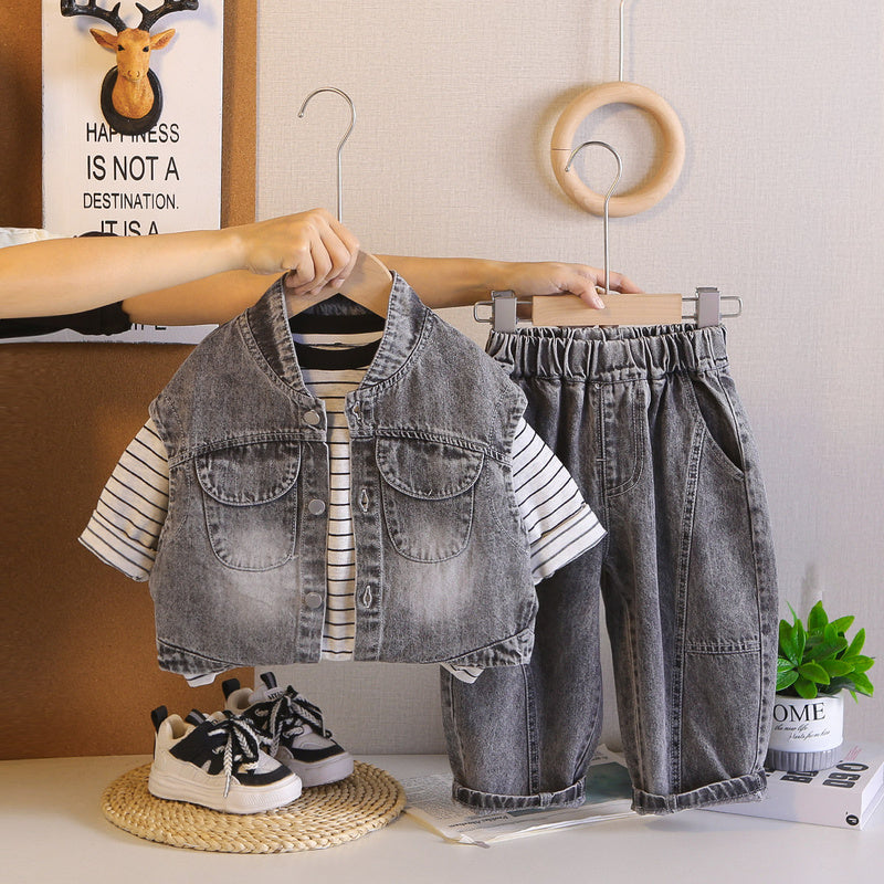 Boy's Trendy Stylish Striped Denim Vest Set 2026 New Model Infant Baby Children's Clothing Boys' Spring and Autumn Outfit