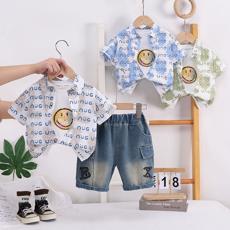 Boys' Outfit 2026 New Children's Wear Short-Sleeve Stylish Baby Summer Smiley Face Shirt Three-Piece Set