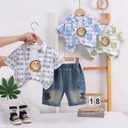Boys' Outfit 2026 New Children's Wear Short-Sleeve Stylish Baby Summer Smiley Face Shirt Three-Piece Set
