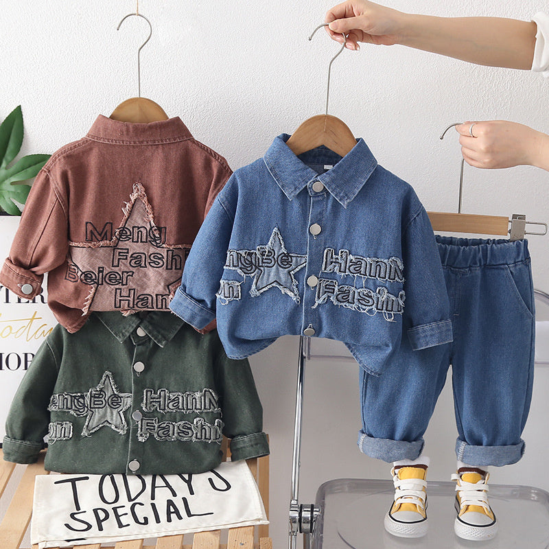 Boys' and Autumn Outfit 2026 New Style, Stylish Korean Version Young Boys, Spring Patchwork Denim Two-Piece Set for Children