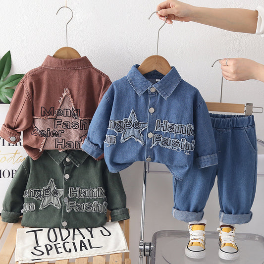 Boys' and Autumn Outfit 2026 New Style, Stylish Korean Version Young Boys, Spring Patchwork Denim Two-Piece Set for Children