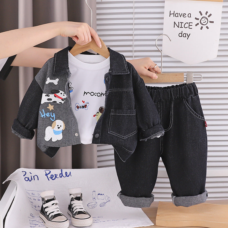 Baby Boy and Autumn Outfit 2026 New Fashionable Infant Spring Clothing Casual Puppy Denim Jacket Three-Piece Set