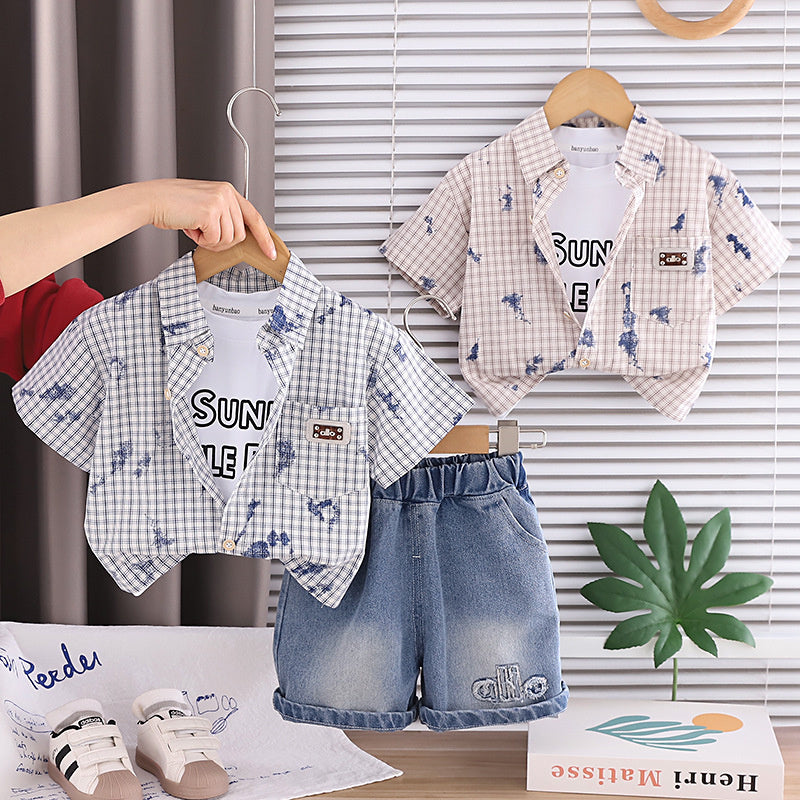 Boys' Short-Sleeve 2026 New Stylish Baby Summer Clothes Fashionable Plaid Shirt Three-Piece Set Trendy