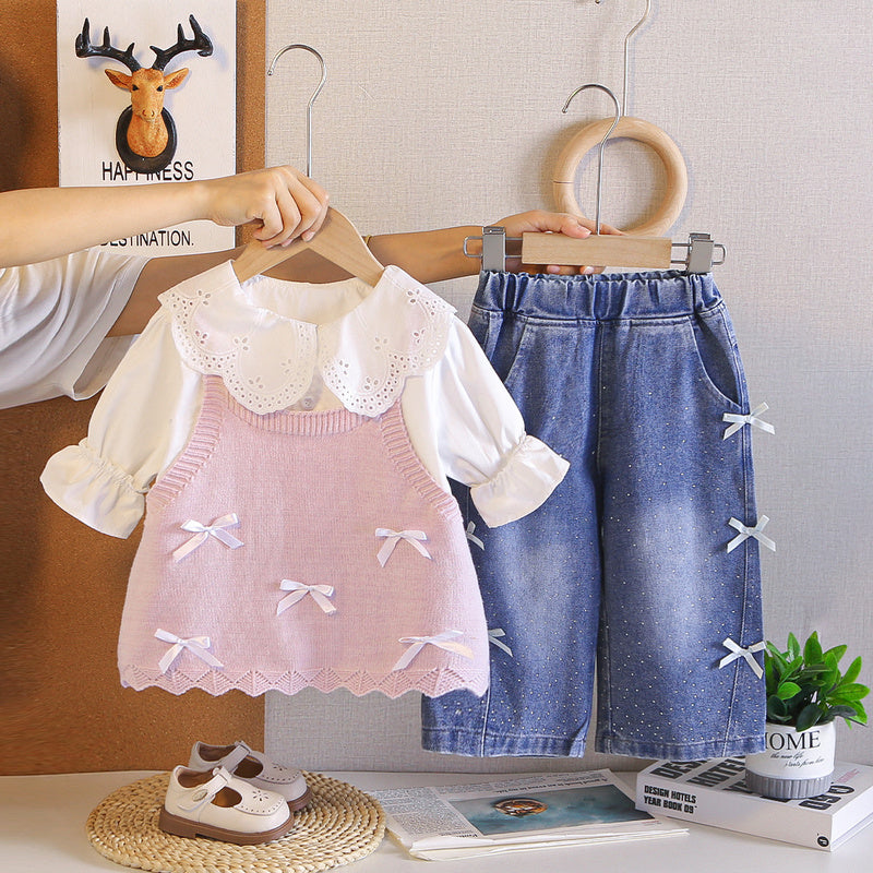 Girls' Autumn Outfit 2026 New Fashionable Stylish Children's Clothing Baby Bow Sweater Three-Piece Casual Set