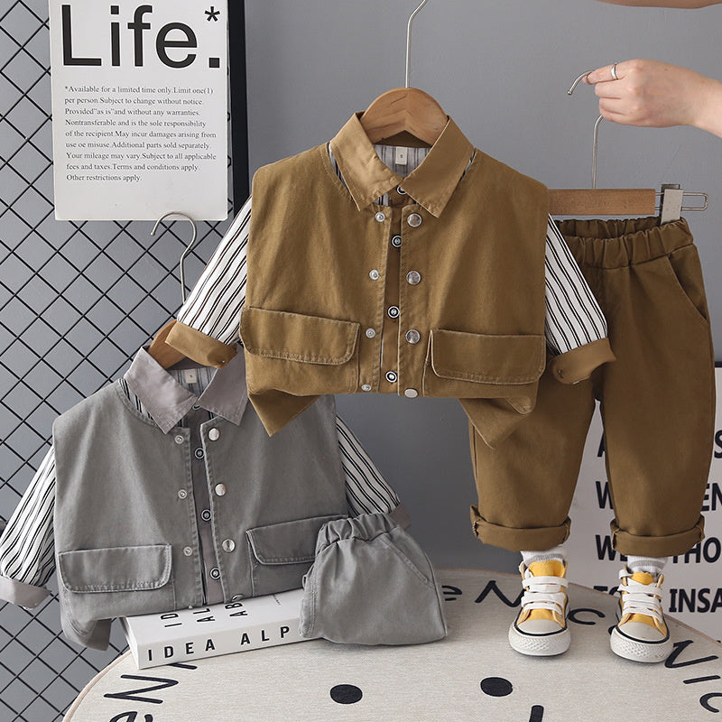 Boys' Outfit 2026 New Fashionable Children's Washed Cotton Three-Piece Set Baby Spring and Autumn Casual Trend