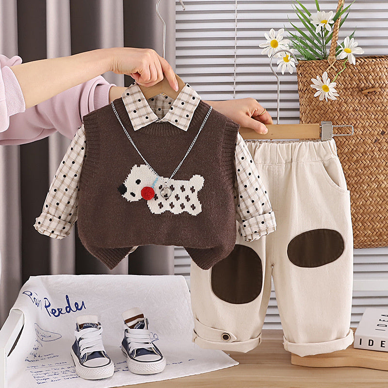 Boys' Outfit 2026 New Fashionable Children's Spring and Autumn Cartoon Puppy Sweater Vest Baby Three-Piece Set