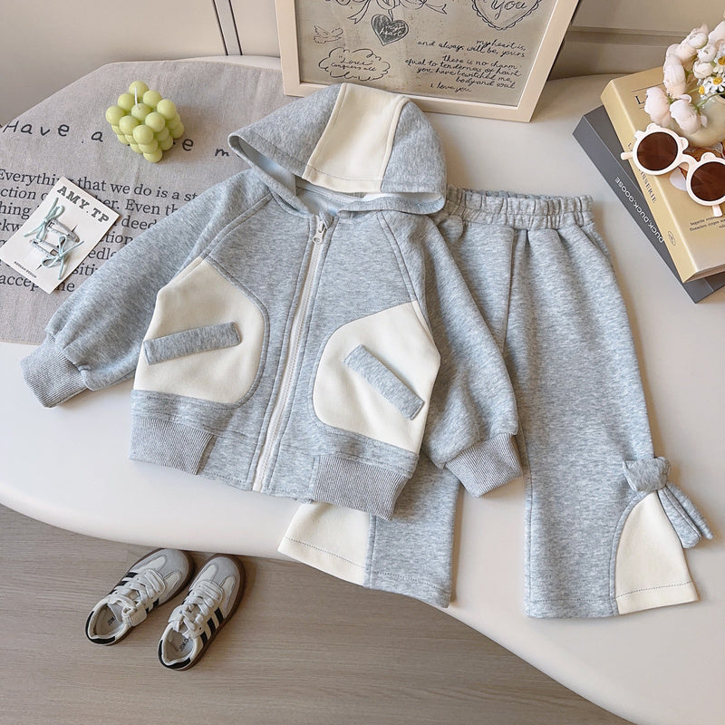 Girls' Casual Outfit Spring Autumn New Fashionable Hooded Jacket and Long Pants Two-Piece Set