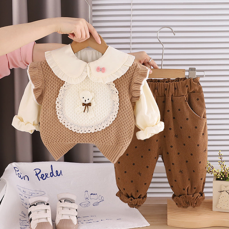 Girls' Spring Outfit 2026 New Style Set: Stylish Spring-Autumn Lace Bear Sweater Three-Piece Set for Little Girls and Children
