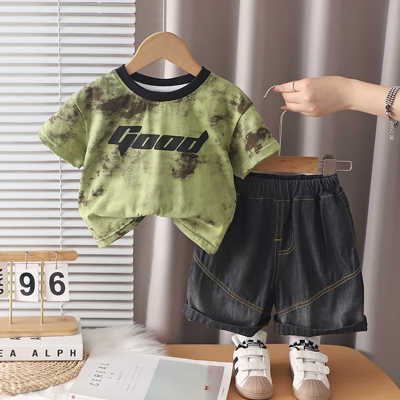 Children's Tie-Dye Letter Print Short Sleeve Set, New Summer Style for Boys, Cute and Stylish Casual Sports Two-Piece Outfit