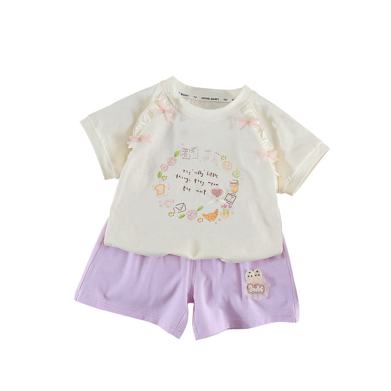 Children's Clothing 2026 Summer New Style Girls' Korean Version Set Cartoon Bow Short Sleeve Top and Shorts Two-Piece Trendy Outfit