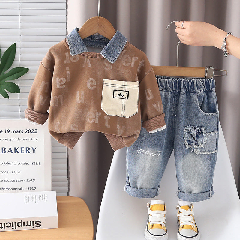 1-year-old boy's stylish spring sports outfit, trendy 3-piece baby spring/autumn full-print letter sweatshirt two-piece set for infants