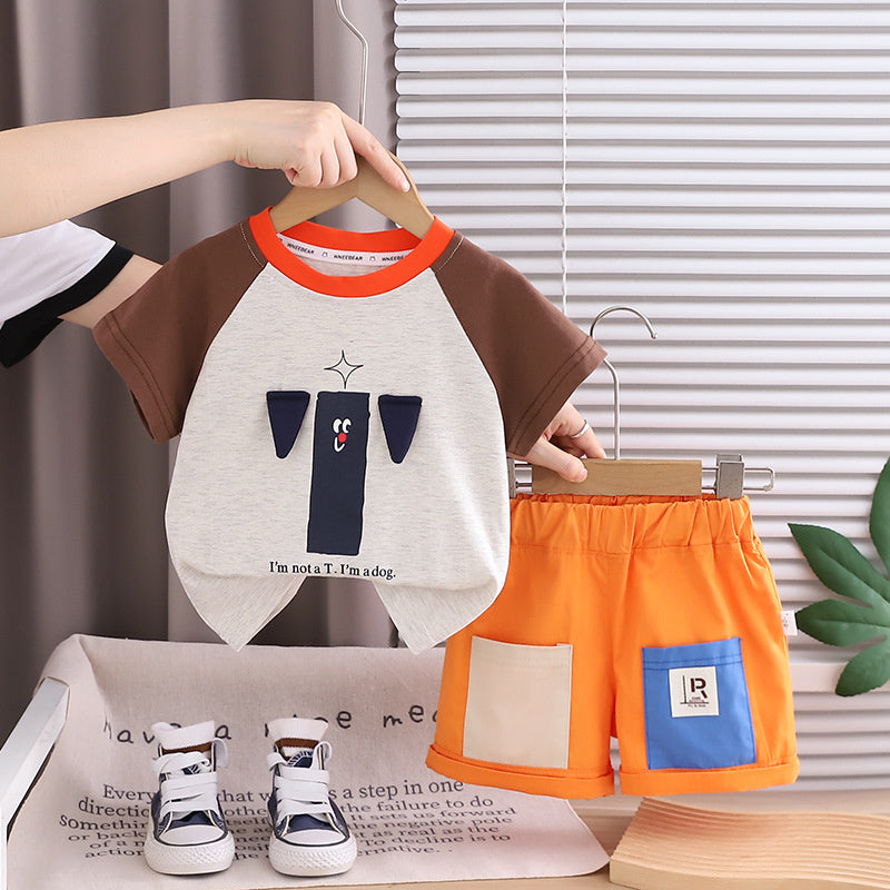 Boys' Summer Short-Sleeve Outfit 2026 New Fashionable Children's Round-Neck Puppy Print Raglan Sleeve Two-Piece Set Trendy