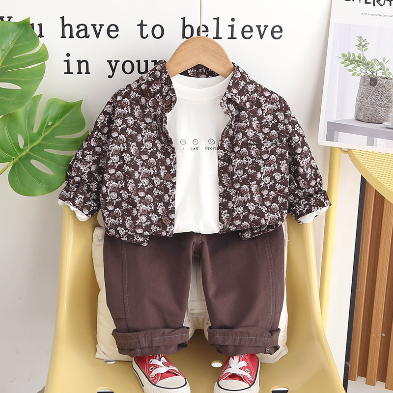 Boys' Outfit 2026 New Fashionable Baby Jacket Children's Spring and Autumn Stylish Full-Floral Three-Piece Set