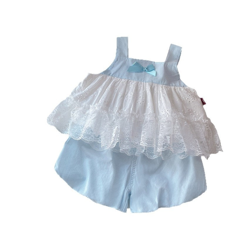 Girls' Sleeveless Square Neck Lace Dress Set 2026 New Style Baby Girl Clothes Children's Summer Two-Piece Outfit