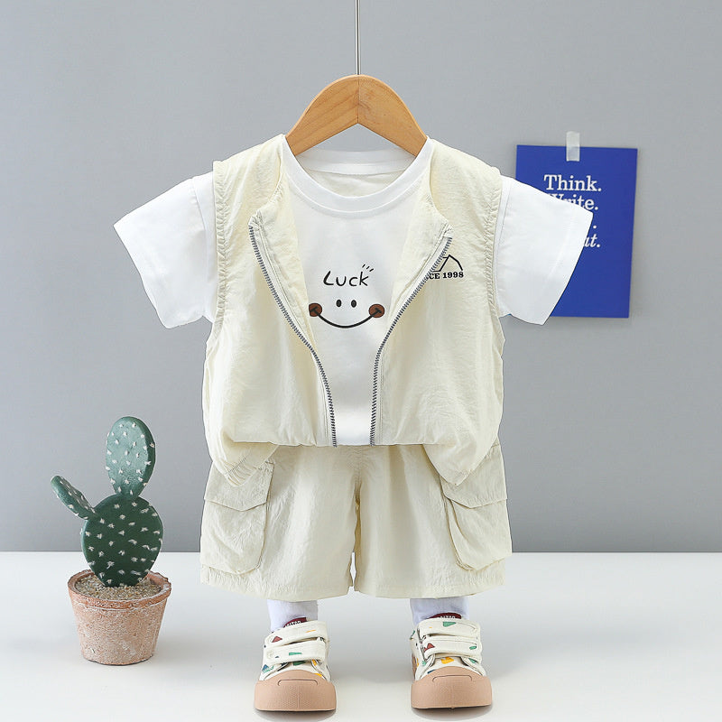Boys' Outfit 2026 New Fashionable Children's Sporty Outdoor Style Summer Short-Sleeve Three-Piece Set for 1-3 Year Olds Trendy