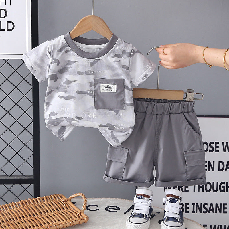 Boys' Short-Sleeve 2026 New Summer Outfit Baby Stylish Korean Version Children's Round Neck Pocket Two-Piece Set Trendy