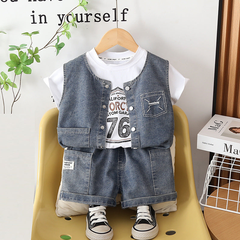 Boys' clothing 2026 new stylish casual summer outfit for toddlers, Korean-style sports denim vest three-piece set trendy