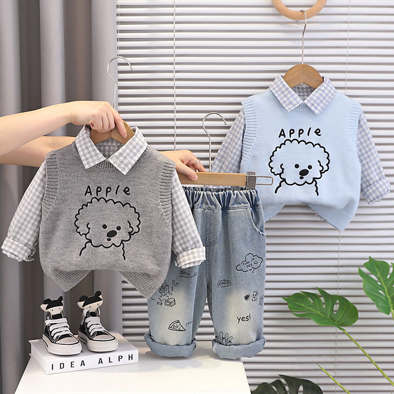 Children's and Autumn Outfit 2026 New Model Boys' Puppy Vest Clothes Baby Casual Spring Three-Piece Set