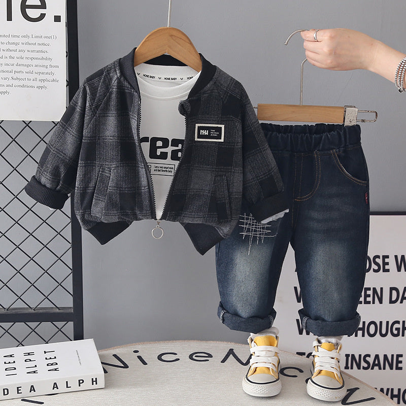 Boys' Outfit 2026 New Fashionable Baby Casual Stand Collar Plaid Jacket Children's Spring and Autumn Three-Piece Set