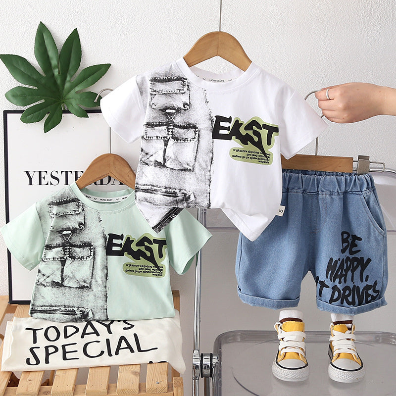 Children's Outfit 2026 Summer New Style Boys' Korean Version Casual Sports Printed Denim Two-Piece Set Short Sleeve Shorts Trendy