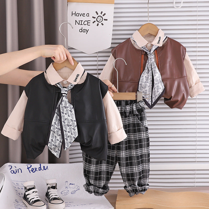 Boys' children's clothing spring autumn outfit 2026 new stylish Korean-style toddler leather jacket and vest three-piece set trendy