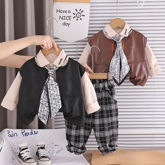 Boys' children's clothing spring autumn outfit 2026 new stylish Korean-style toddler leather jacket and vest three-piece set trendy