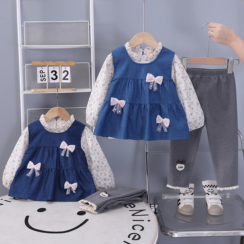 Baby Outfit Stylish Infant Clothes Girl Spring and Autumn Denim Three Bowknot Vest Three-Piece Set