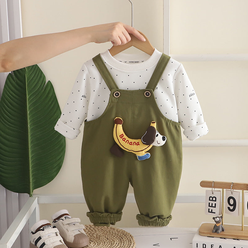 Boys' Outfit 2026 Spring and Autumn Clothes Infant Children's Sweatshirt Baby Banana Dog Overalls Two-Piece Trendy Set