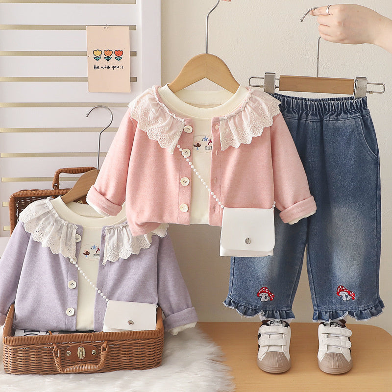 2026 Spring New Korean Style Outfit Girls, Autumn Fashion Three-Piece Set with Ruffle Collar and Mushroom Design for Toddlers