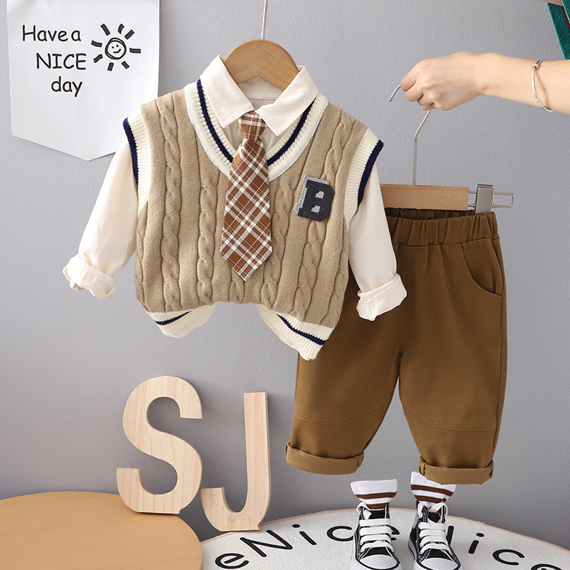 Boys' Autumn Outfit with Tie B-Line Sweater Three-Piece Set 2023 New Style for 1-2-4 Year Olds Casual Fashionable Children's Clothing