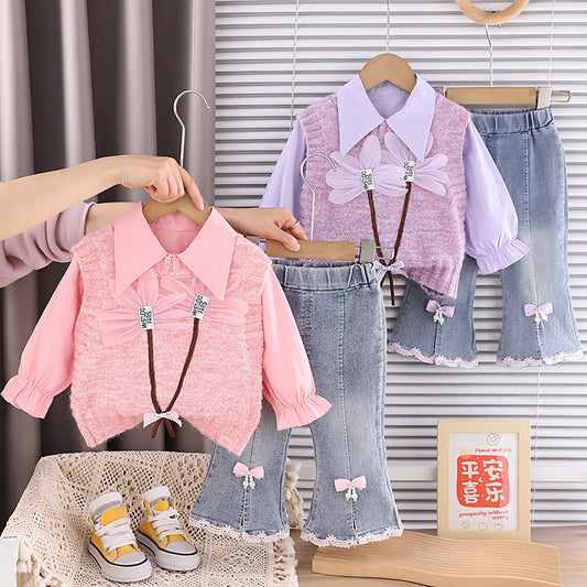 Clothing 2026 New Style Children's Floral Sweater Long Sleeve Outfit Little Girls Spring and Autumn Three-Piece Set