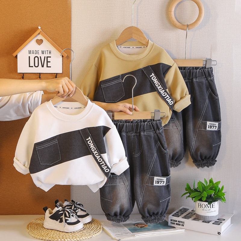 Boys' Autumn Outfit 2026 New Stylish Baby Fall Denim Color-Block Two-Piece Set Children's Spring-Autumn Clothing