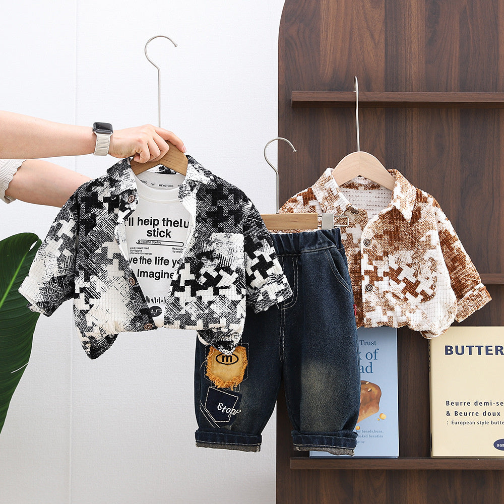 Outfit 2026 New Style Children's Boys' Spring and Autumn Sporty Stylish Baby Plaid Jacket Three-Piece Set
