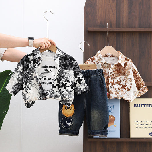 Outfit 2026 New Style Children's Boys' Spring and Autumn Sporty Stylish Baby Plaid Jacket Three-Piece Set